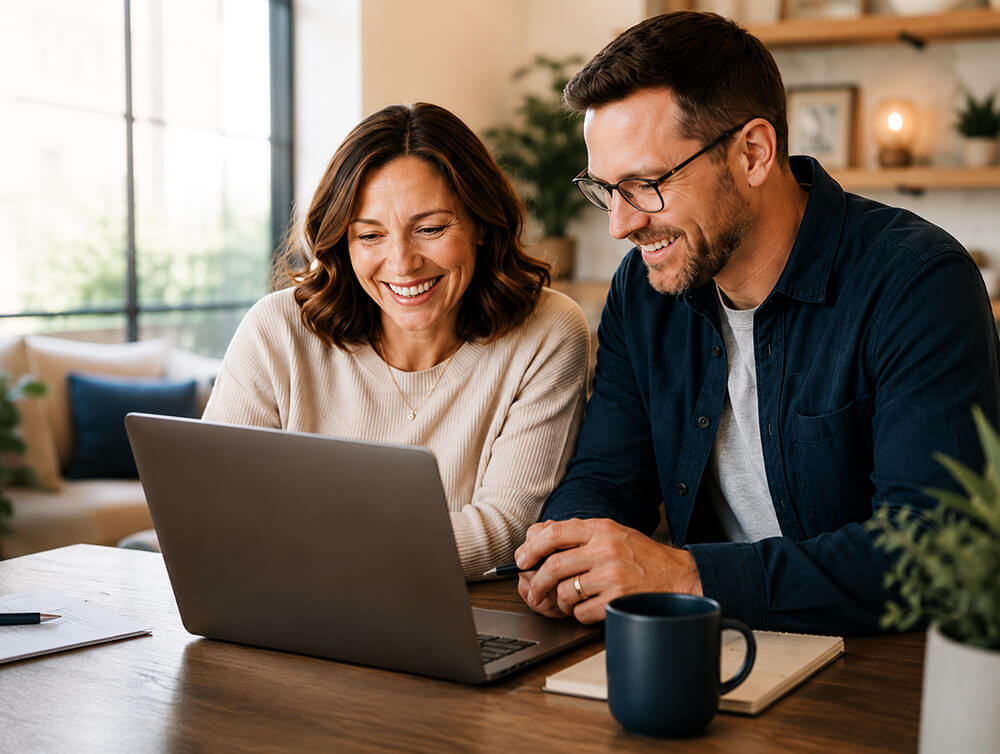 Couple enjoying time on laptop.